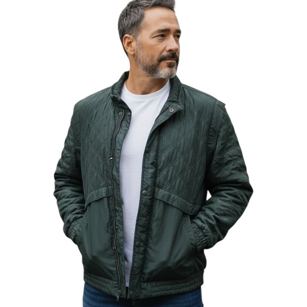 LAVON Men's 100% Silk‎ Quilted Bomber Jacket Green Size Medium